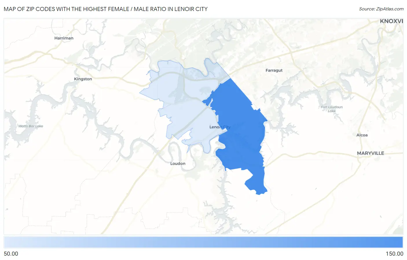 Zip Codes with the Highest Female / Male Ratio in Lenoir City Map