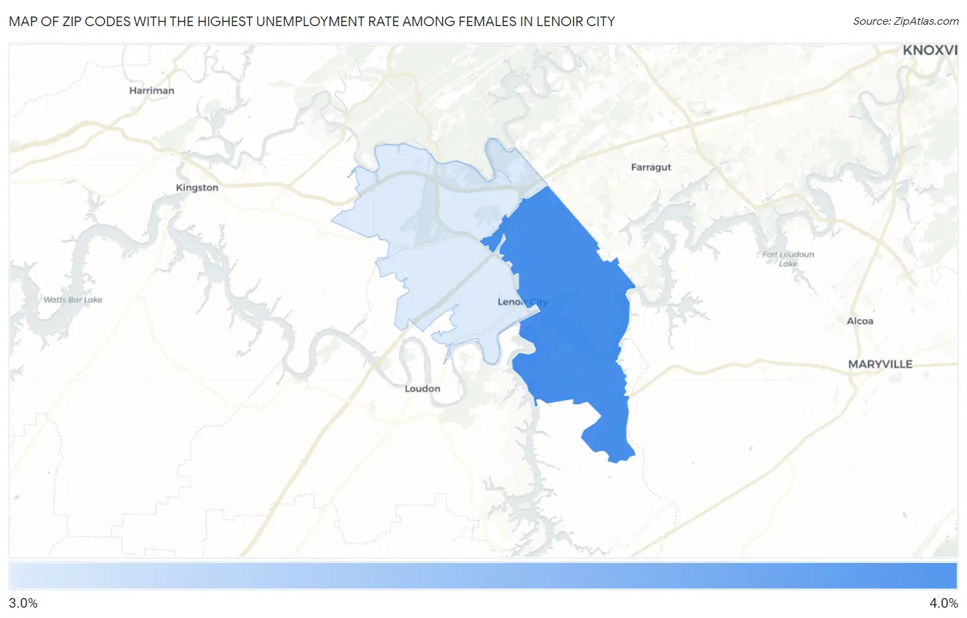 Zip Codes with the Highest Unemployment Rate Among Females in Lenoir City Map