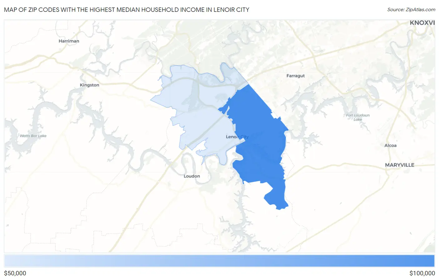 Zip Codes with the Highest Median Household Income in Lenoir City Map