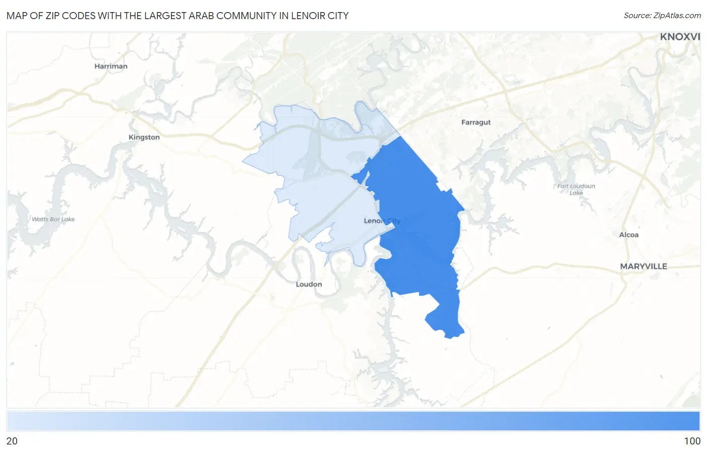 Zip Codes with the Largest Arab Community in Lenoir City Map