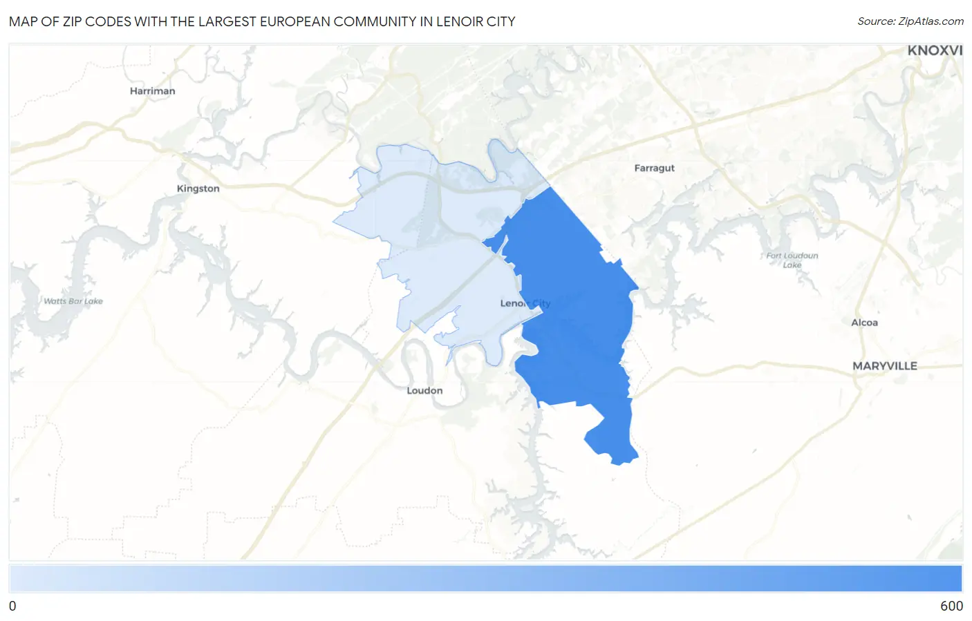 Zip Codes with the Largest European Community in Lenoir City Map