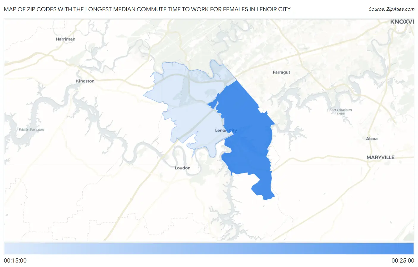 Zip Codes with the Longest Median Commute Time to Work for Females in Lenoir City Map