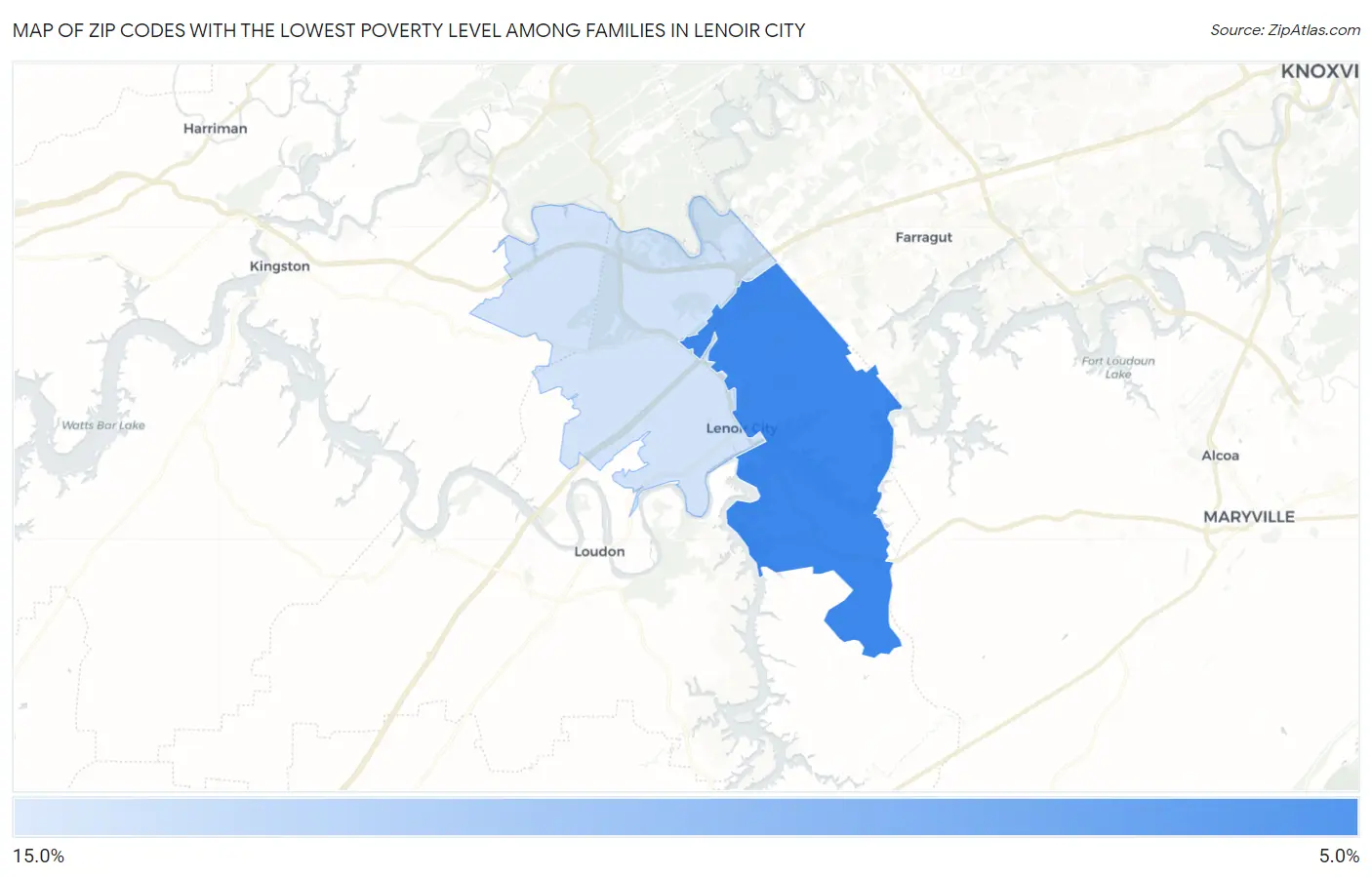 Zip Codes with the Lowest Poverty Level Among Families in Lenoir City Map