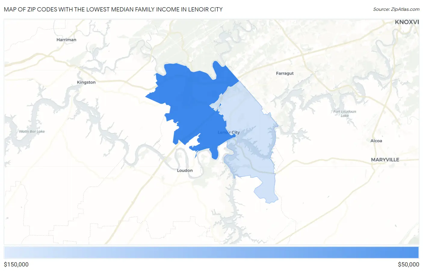 Zip Codes with the Lowest Median Family Income in Lenoir City Map
