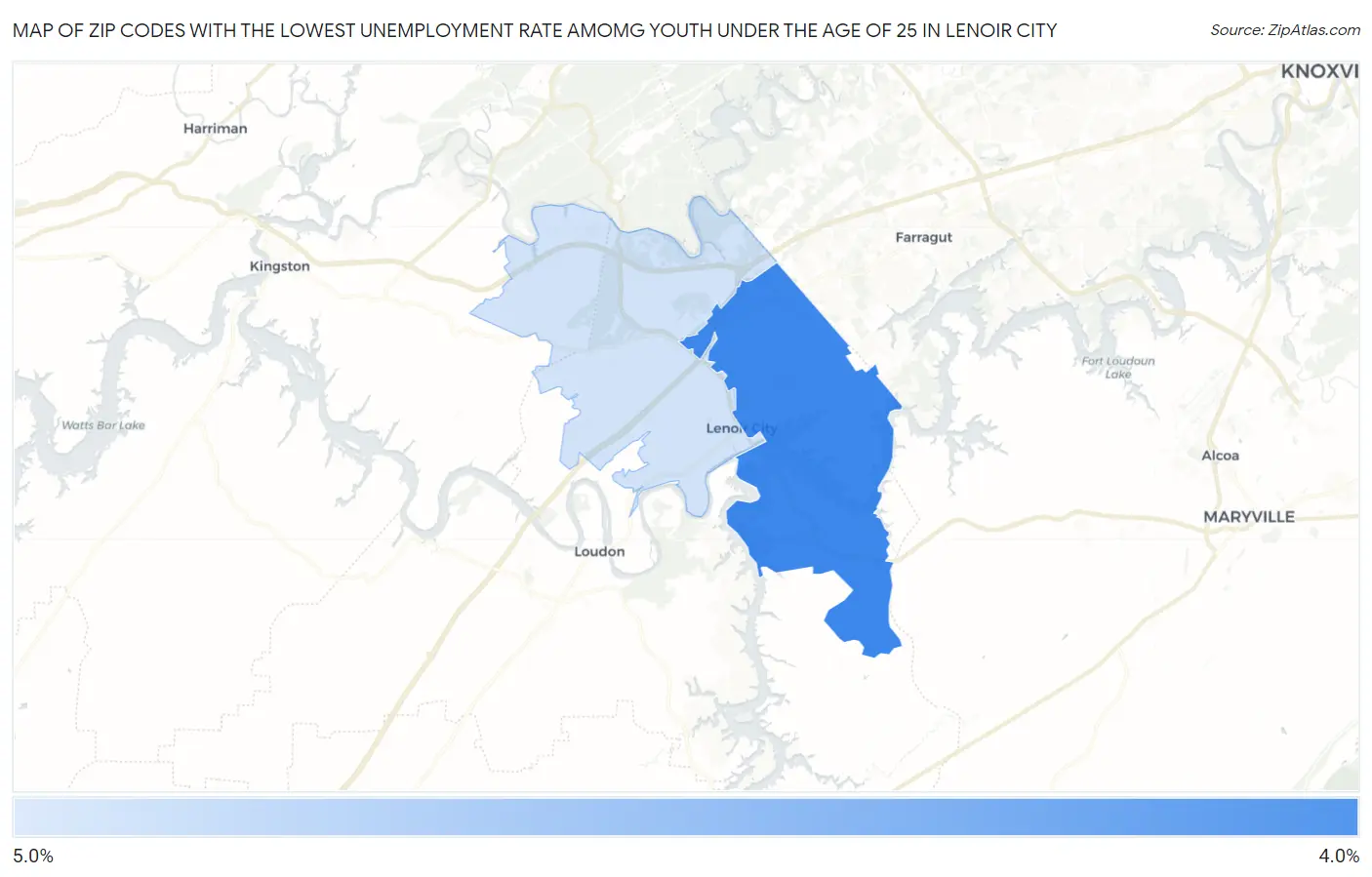 Zip Codes with the Lowest Unemployment Rate Amomg Youth Under the Age of 25 in Lenoir City Map