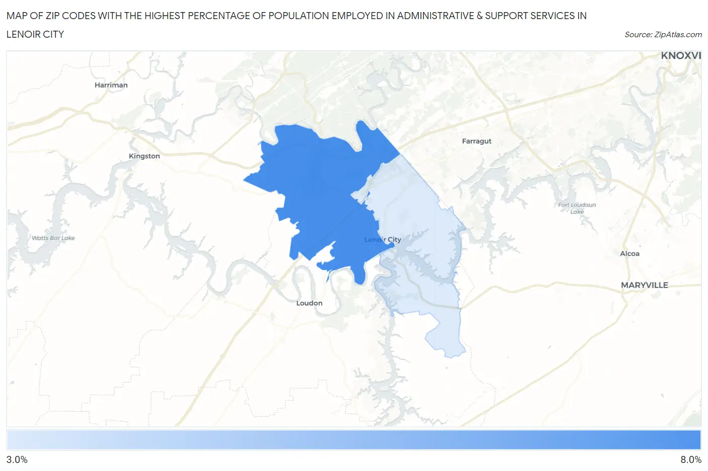 Zip Codes with the Highest Percentage of Population Employed in Administrative & Support Services in Lenoir City Map