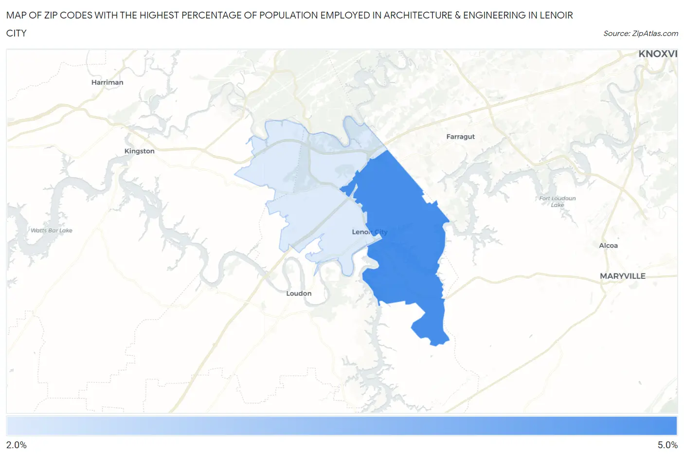 Zip Codes with the Highest Percentage of Population Employed in Architecture & Engineering in Lenoir City Map
