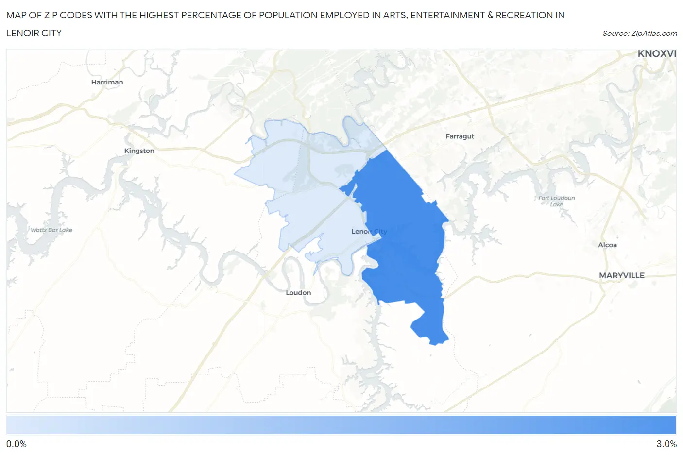 Zip Codes with the Highest Percentage of Population Employed in Arts, Entertainment & Recreation in Lenoir City Map