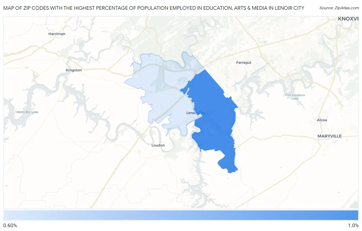 Zip Codes with the Highest Percentage of Population Employed in Education, Arts & Media in Lenoir City Map