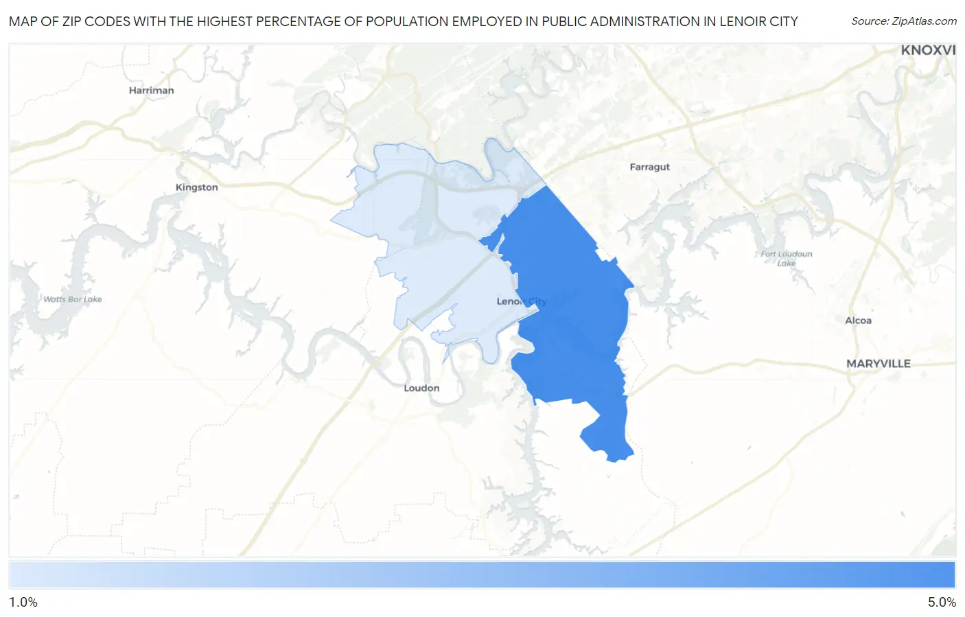 Zip Codes with the Highest Percentage of Population Employed in Public Administration in Lenoir City Map