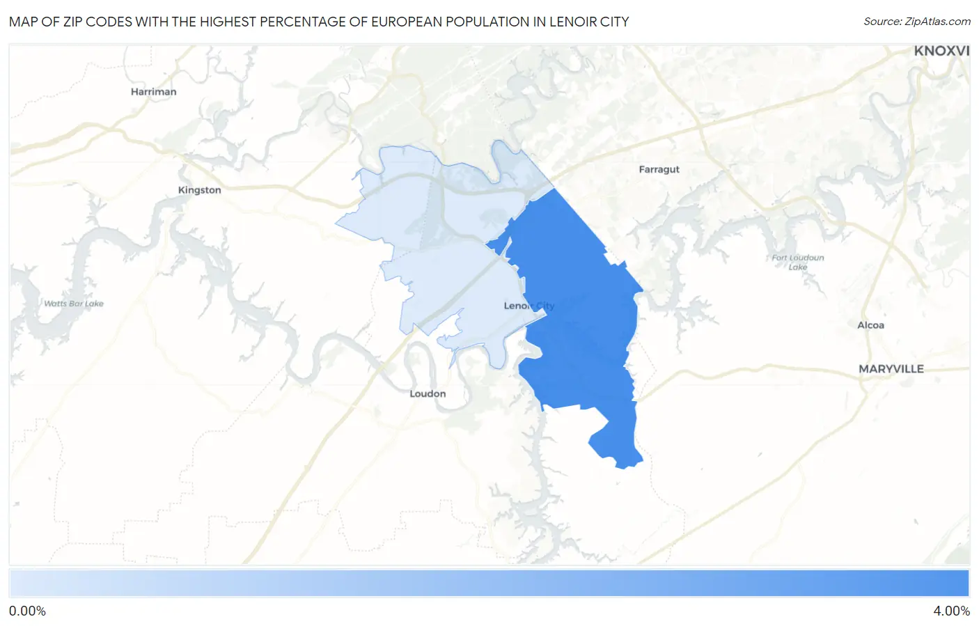 Zip Codes with the Highest Percentage of European Population in Lenoir City Map