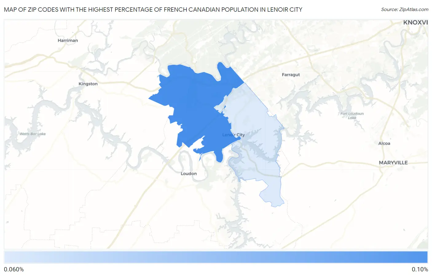 Zip Codes with the Highest Percentage of French Canadian Population in Lenoir City Map