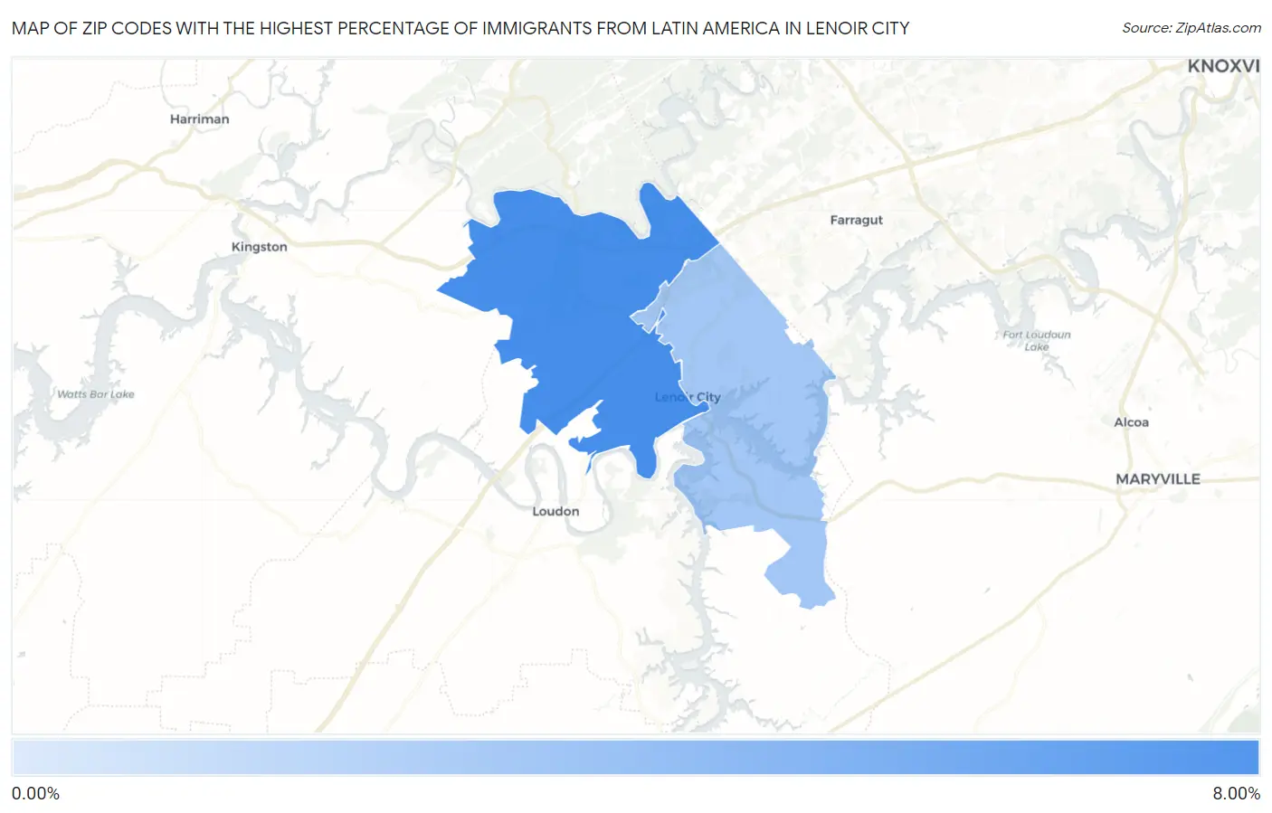 Zip Codes with the Highest Percentage of Immigrants from Latin America in Lenoir City Map