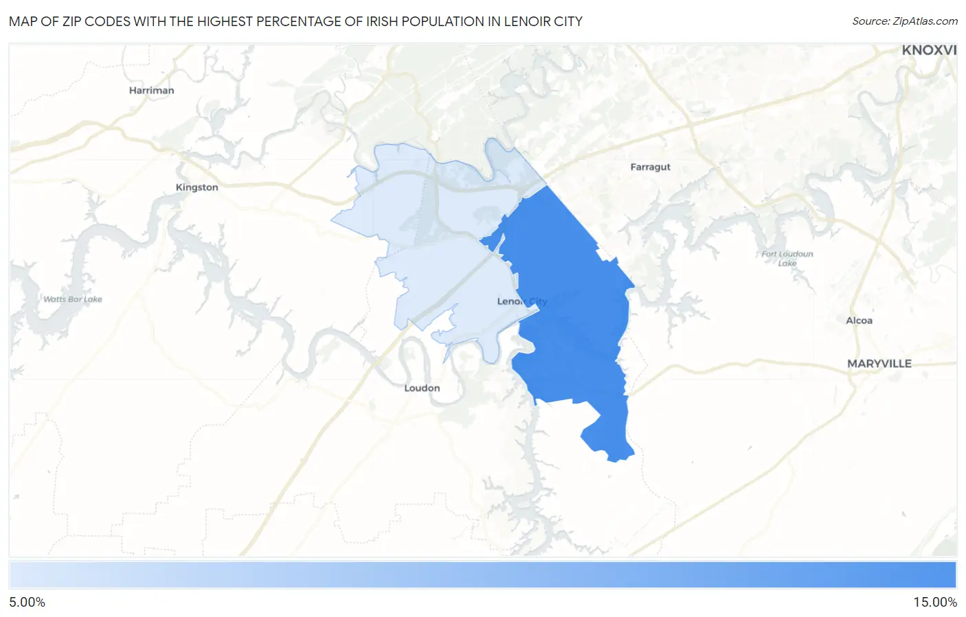 Zip Codes with the Highest Percentage of Irish Population in Lenoir City Map