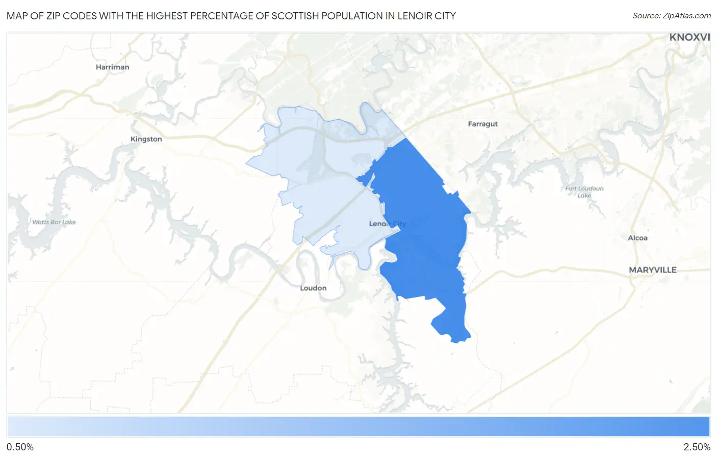 Zip Codes with the Highest Percentage of Scottish Population in Lenoir City Map