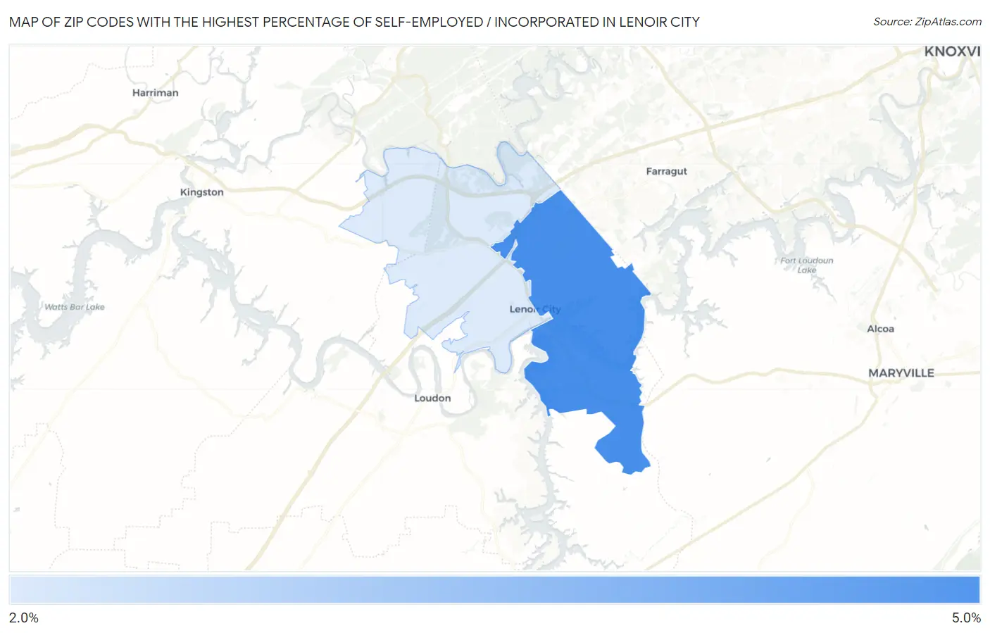 Zip Codes with the Highest Percentage of Self-Employed / Incorporated in Lenoir City Map