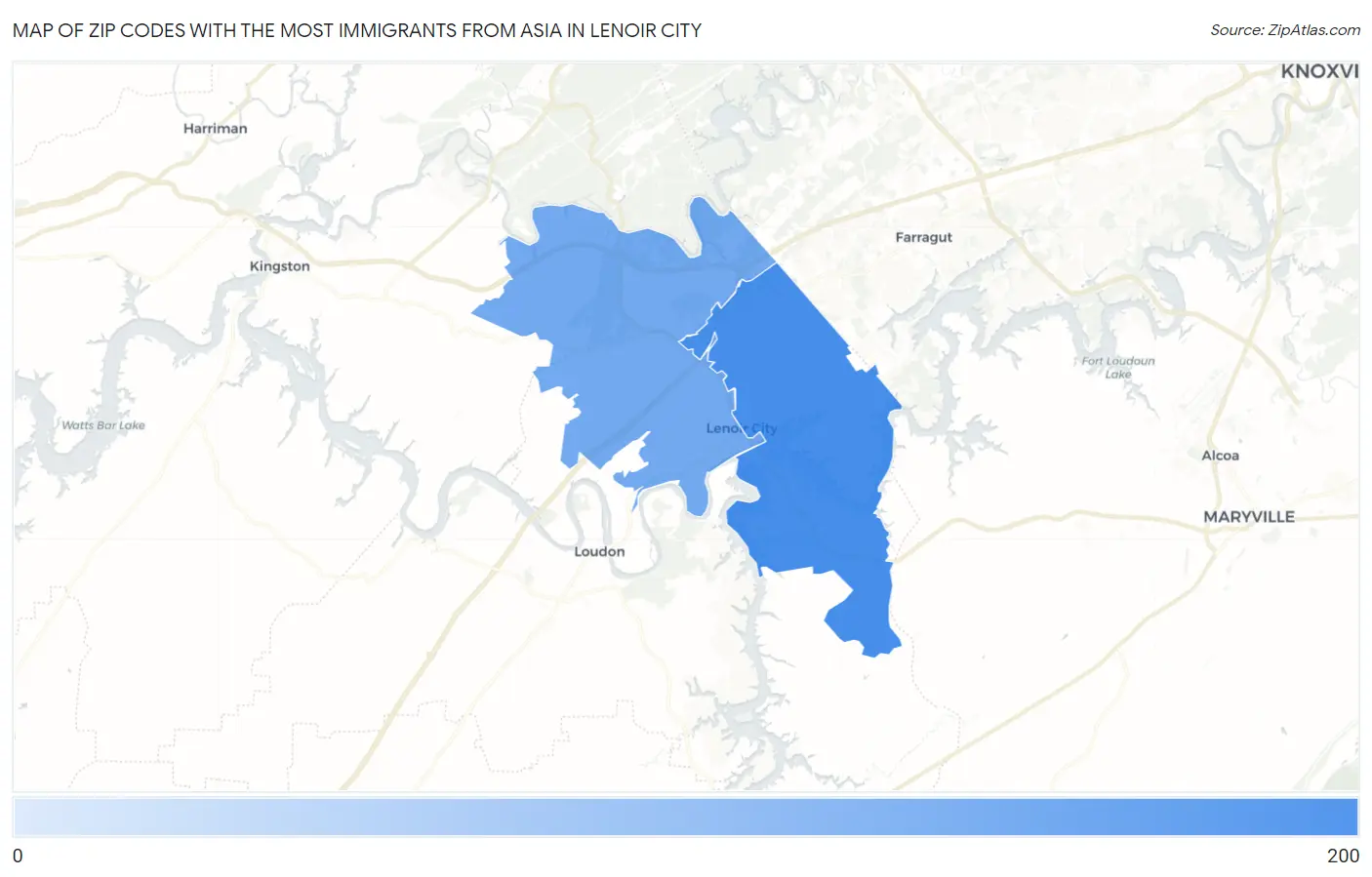 Zip Codes with the Most Immigrants from Asia in Lenoir City Map