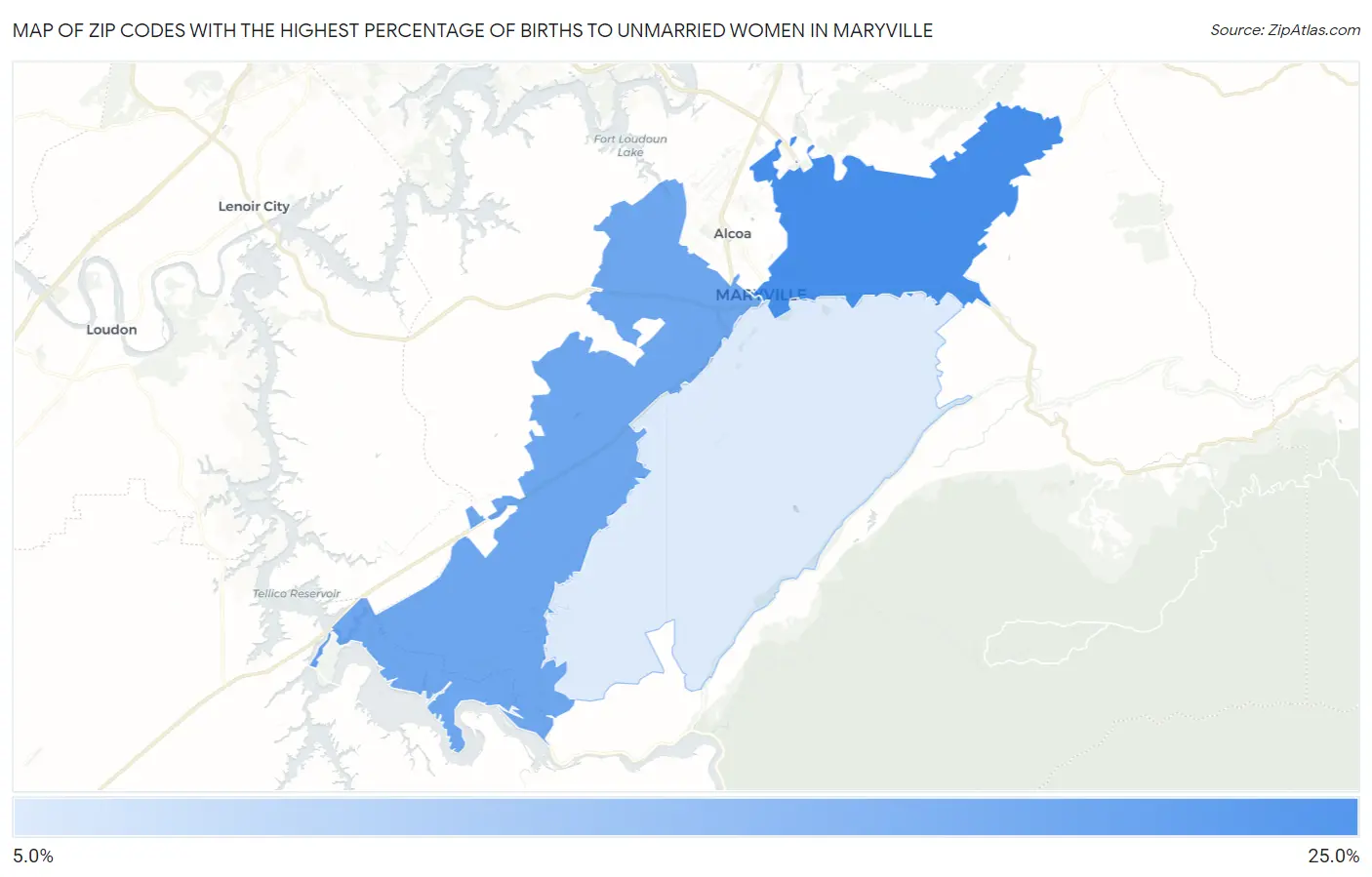 Zip Codes with the Highest Percentage of Births to Unmarried Women in Maryville Map