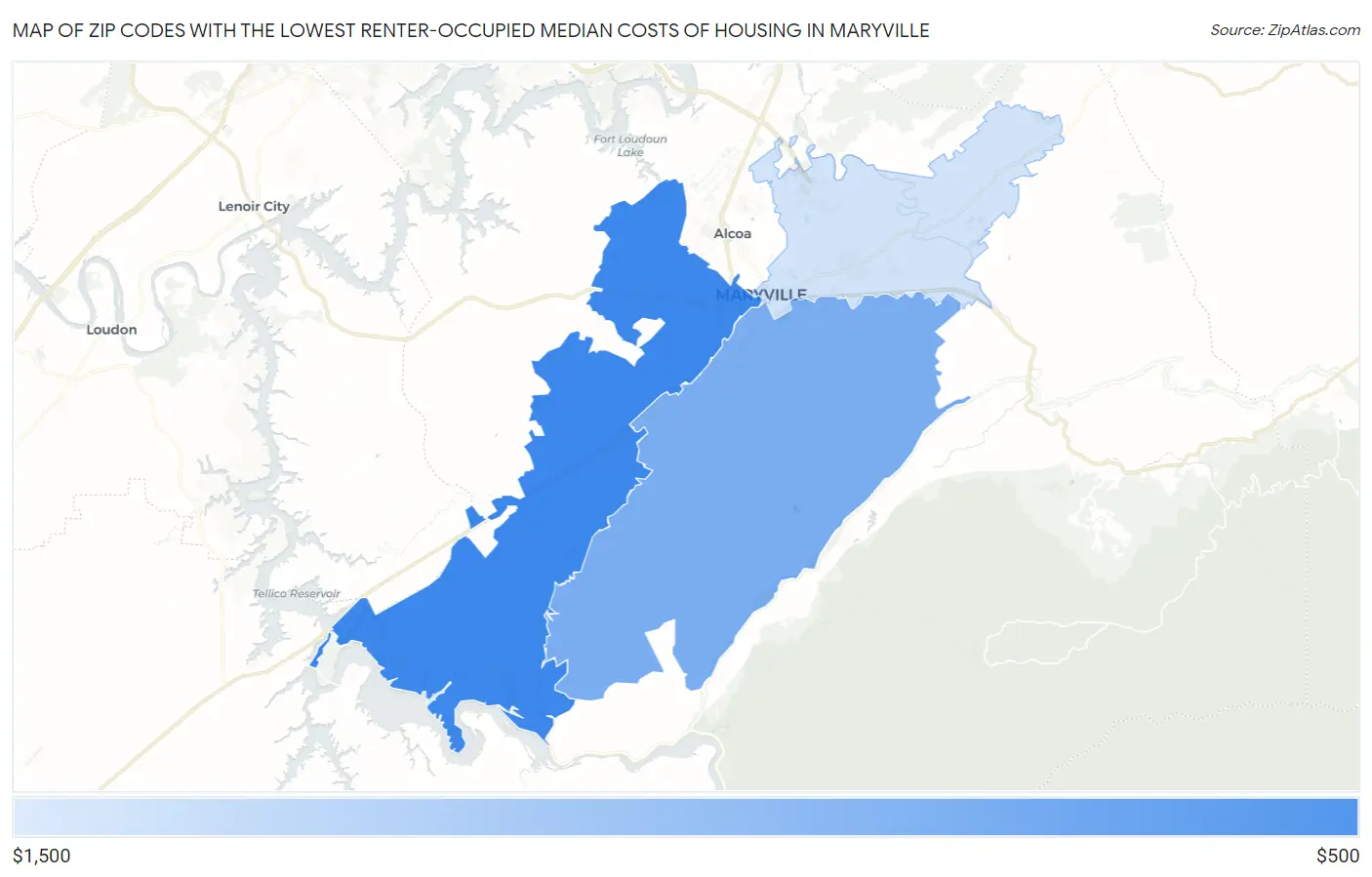 Zip Codes with the Lowest Renter-Occupied Median Costs of Housing in Maryville Map