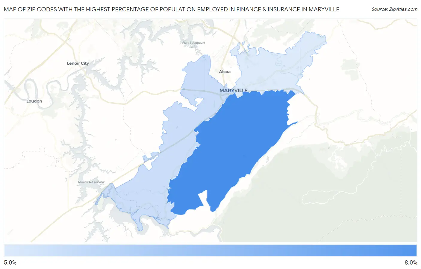 Zip Codes with the Highest Percentage of Population Employed in Finance & Insurance in Maryville Map