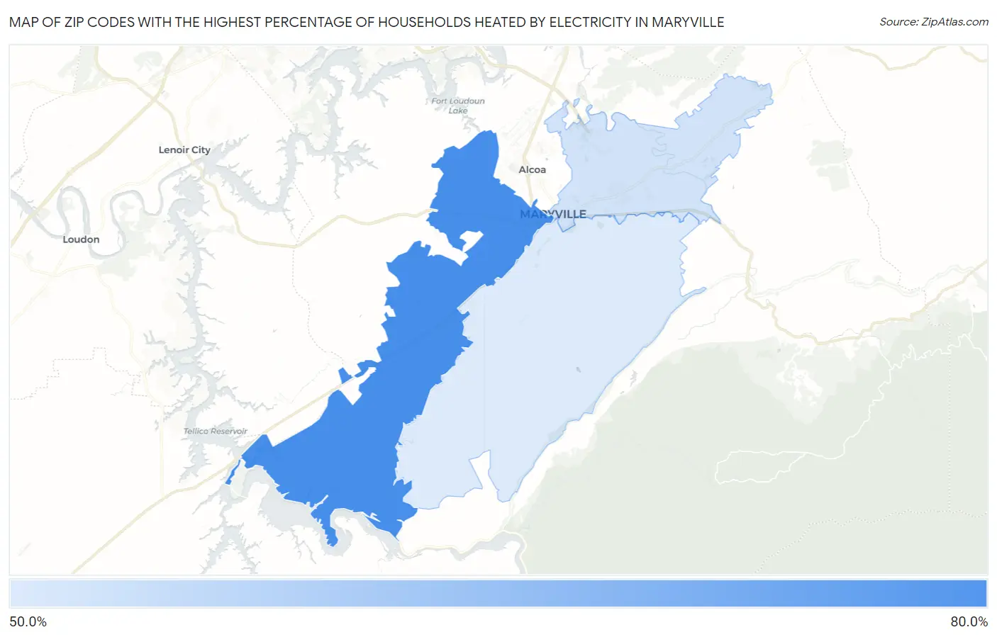 Zip Codes with the Highest Percentage of Households Heated by Electricity in Maryville Map