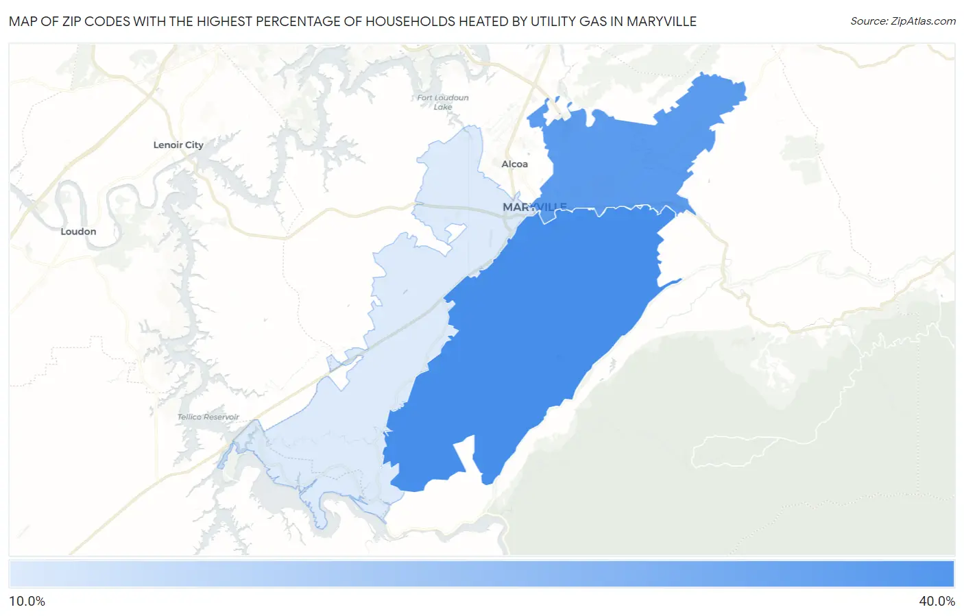 Zip Codes with the Highest Percentage of Households Heated by Utility Gas in Maryville Map