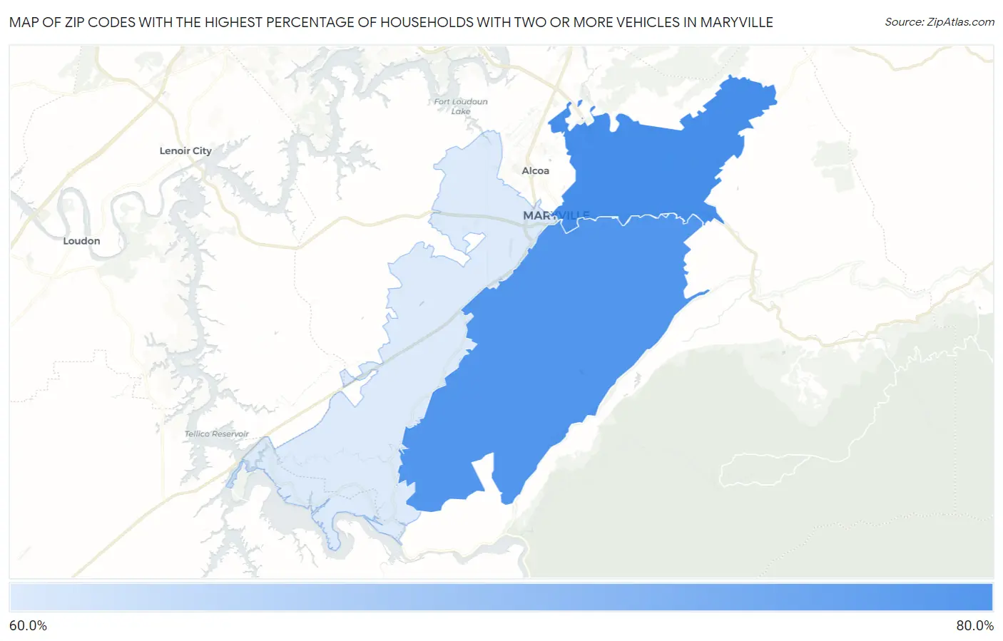 Zip Codes with the Highest Percentage of Households With Two or more Vehicles in Maryville Map