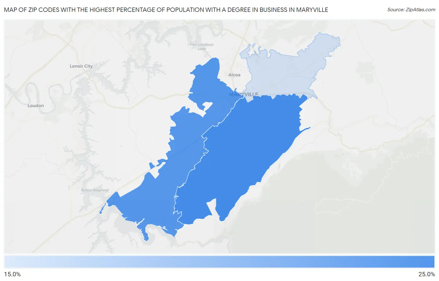 Zip Codes with the Highest Percentage of Population with a Degree in Business in Maryville Map