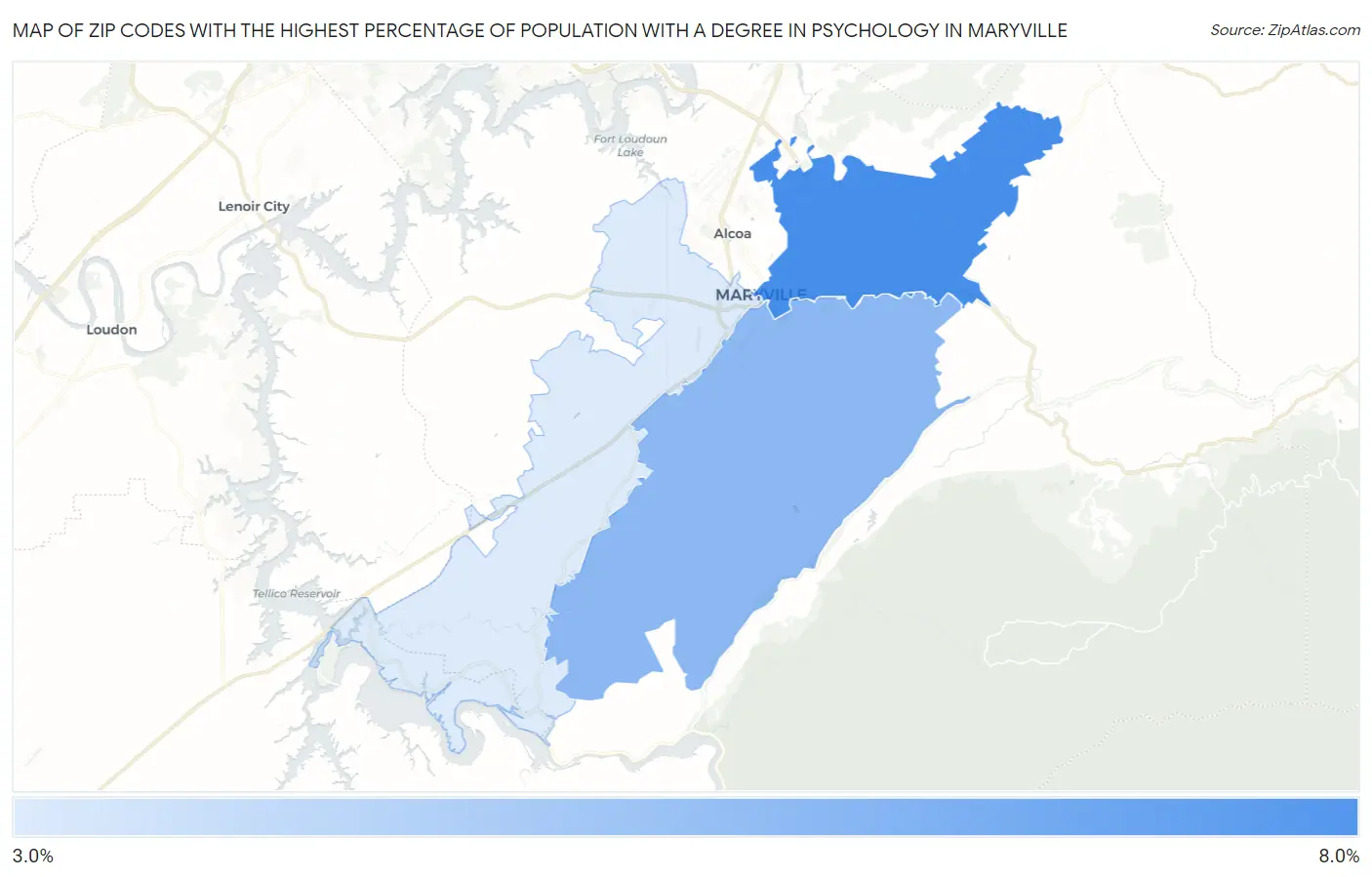 Zip Codes with the Highest Percentage of Population with a Degree in Psychology in Maryville Map