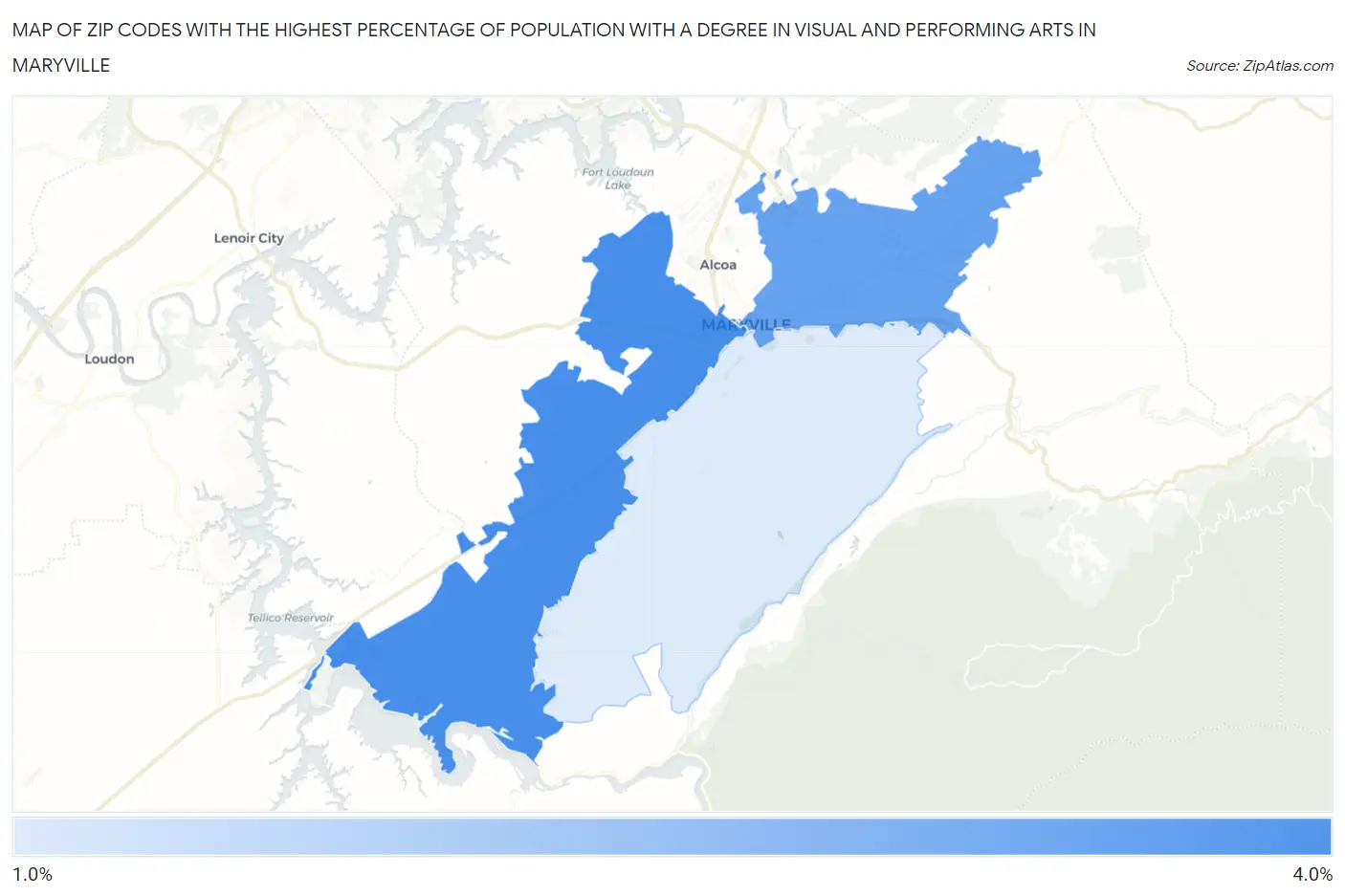 Zip Codes with the Highest Percentage of Population with a Degree in Visual and Performing Arts in Maryville Map