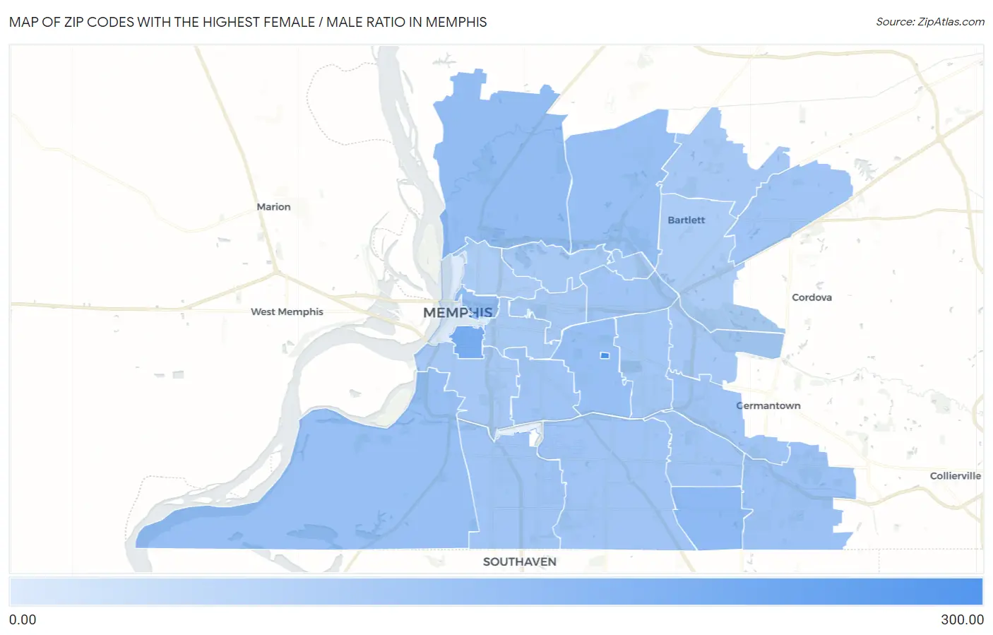 Zip Codes with the Highest Female / Male Ratio in Memphis Map