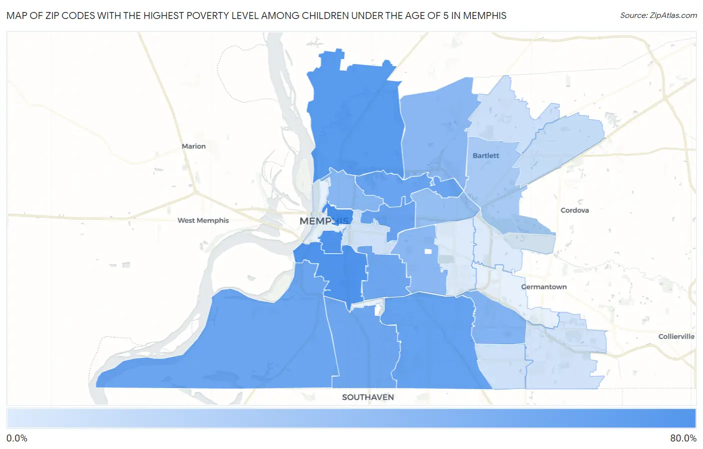 Zip Codes with the Highest Poverty Level Among Children Under the Age of 5 in Memphis Map