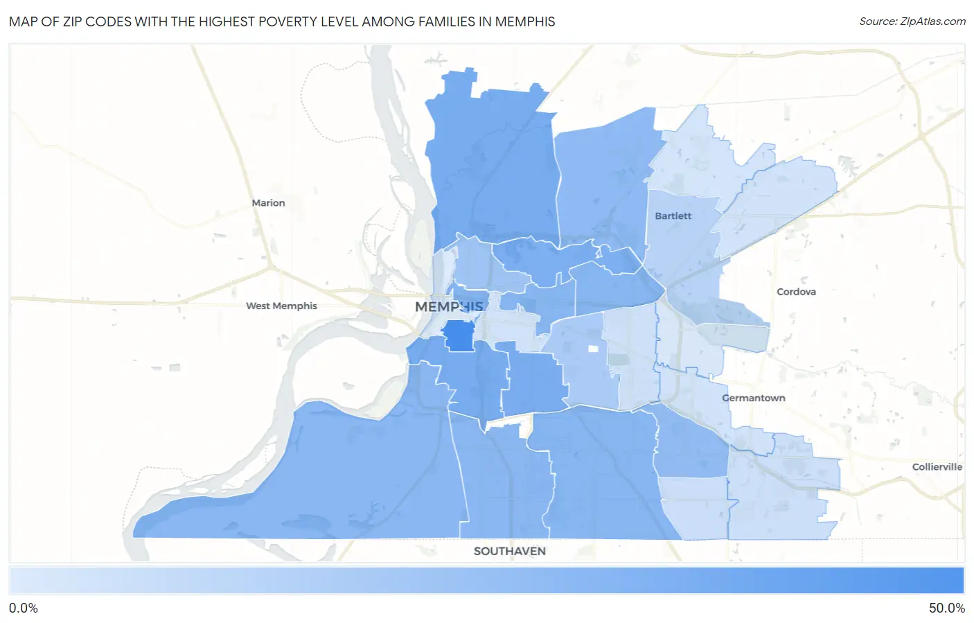 Zip Codes with the Highest Poverty Level Among Families in Memphis Map