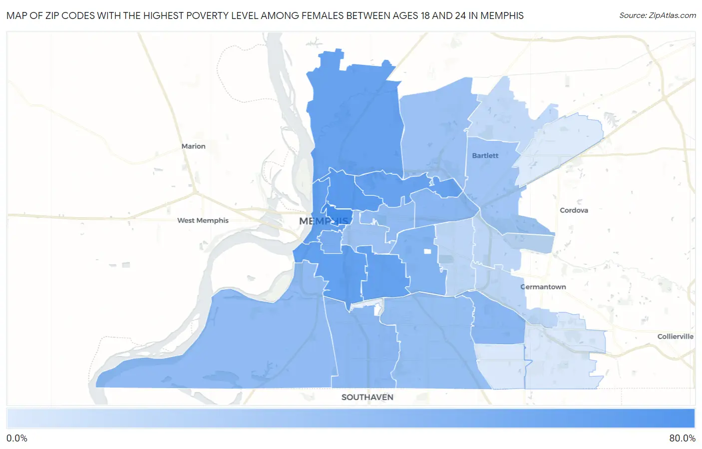 Zip Codes with the Highest Poverty Level Among Females Between Ages 18 and 24 in Memphis Map