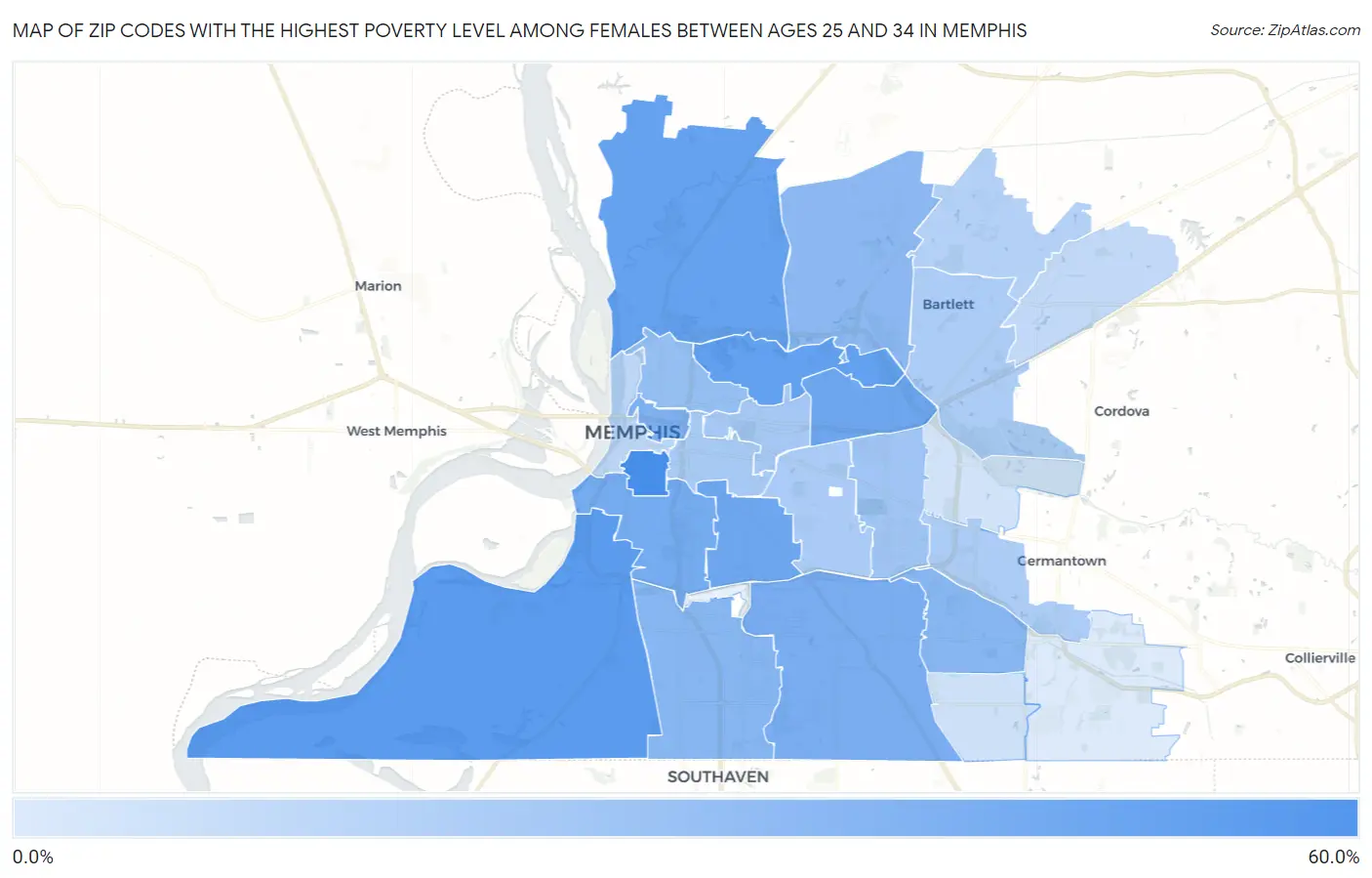 Zip Codes with the Highest Poverty Level Among Females Between Ages 25 and 34 in Memphis Map