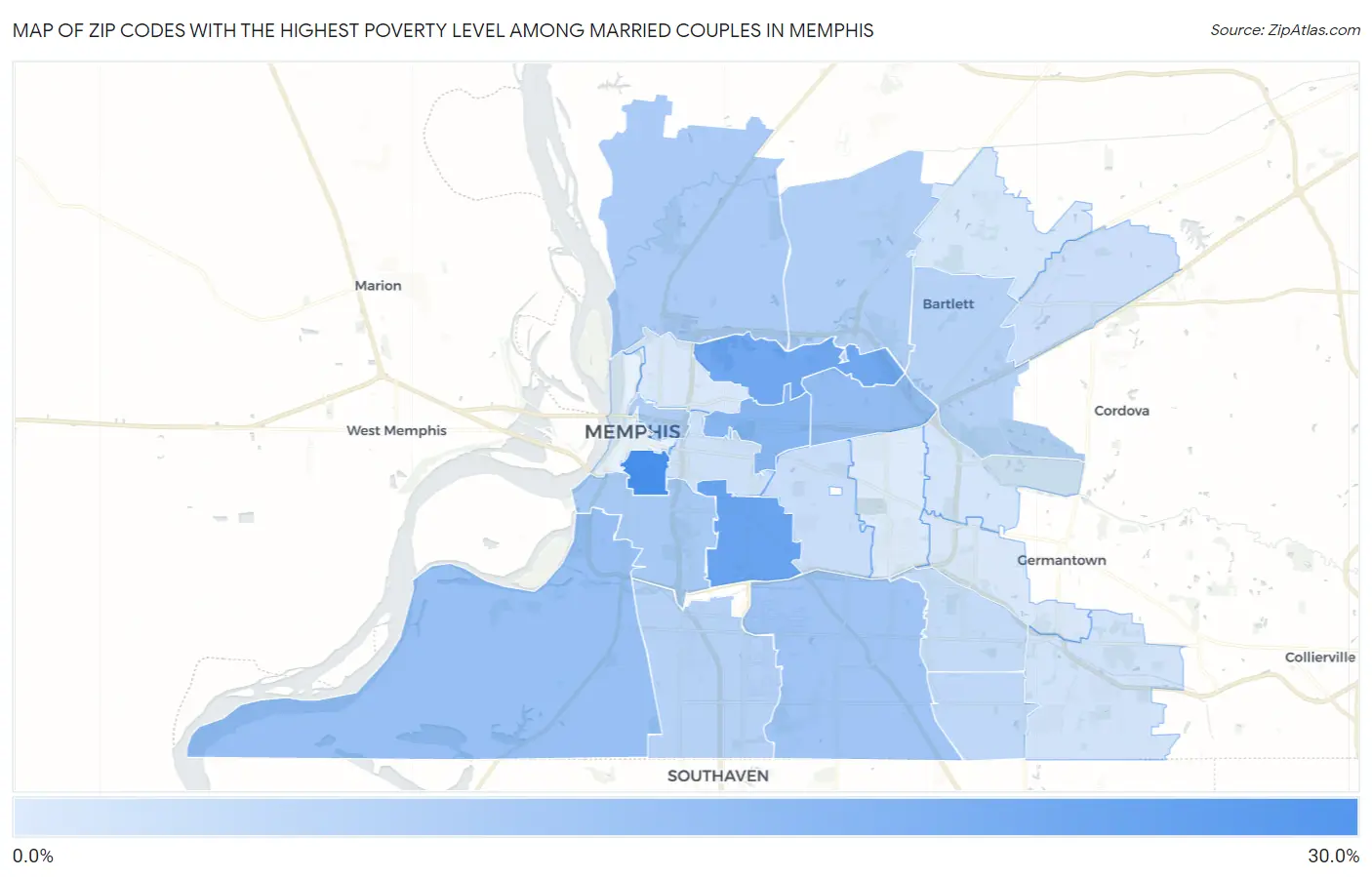Zip Codes with the Highest Poverty Level Among Married Couples in Memphis Map