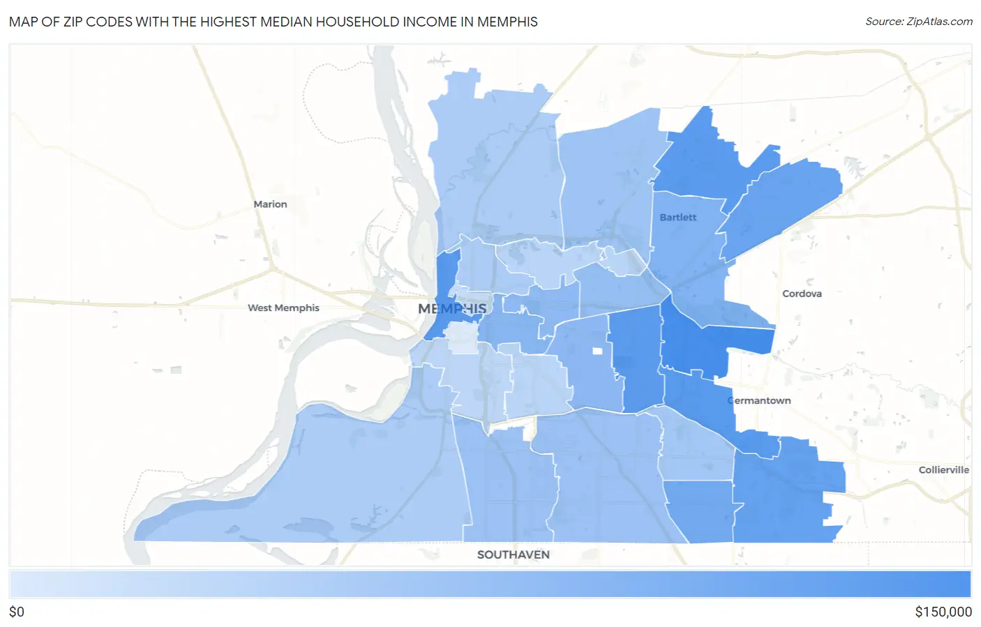 Zip Codes with the Highest Median Household Income in Memphis Map
