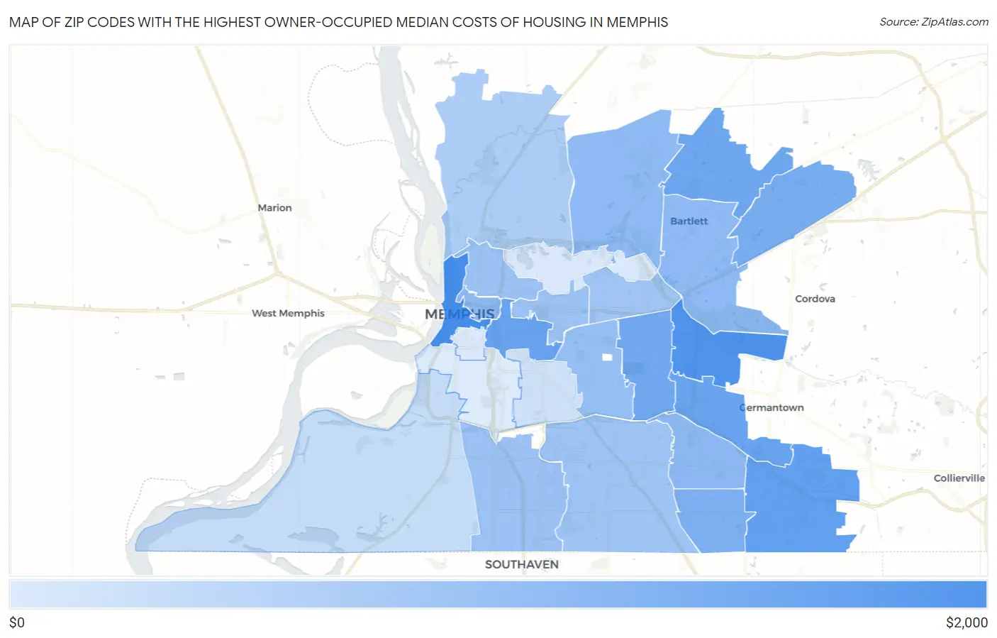 Zip Codes with the Highest Owner-Occupied Median Costs of Housing in Memphis Map