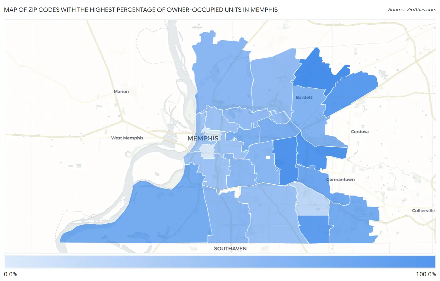 Zip Codes with the Highest Percentage of Owner-Occupied Units in Memphis Map