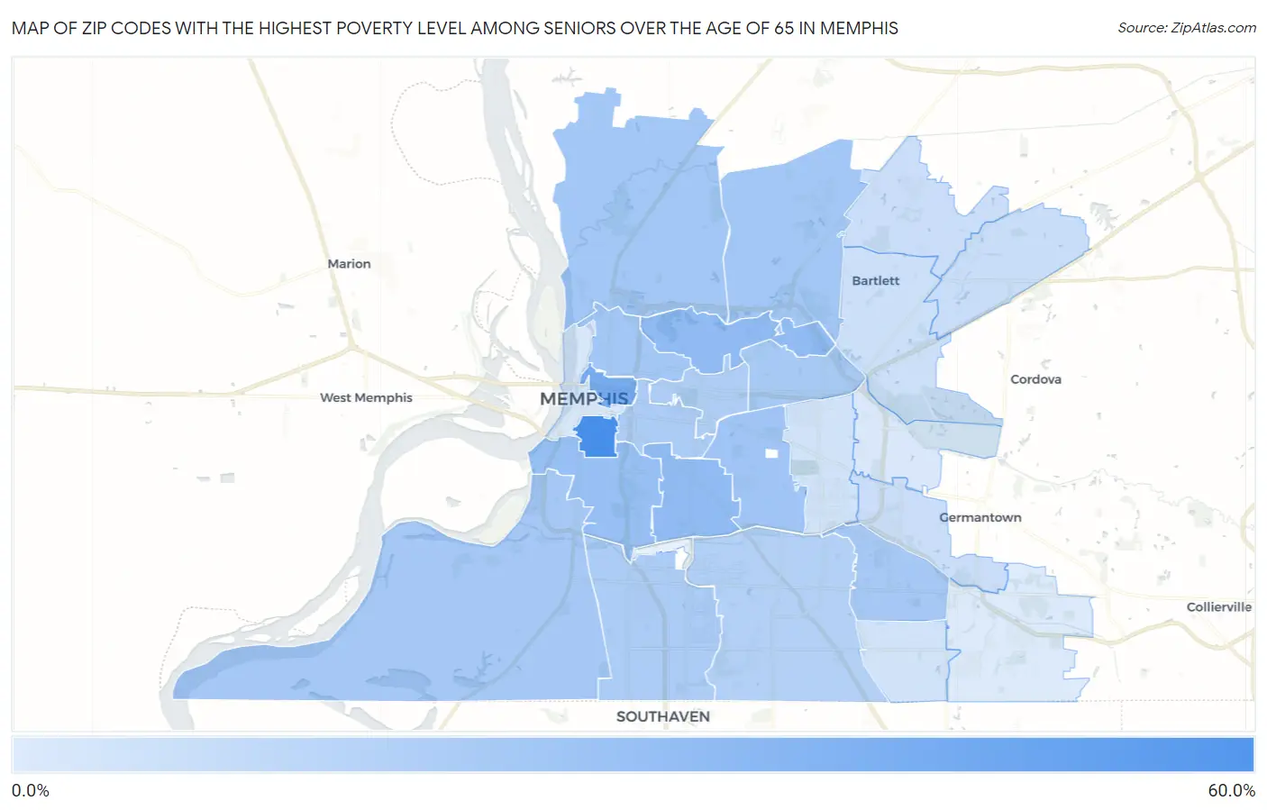 Zip Codes with the Highest Poverty Level Among Seniors Over the Age of 65 in Memphis Map