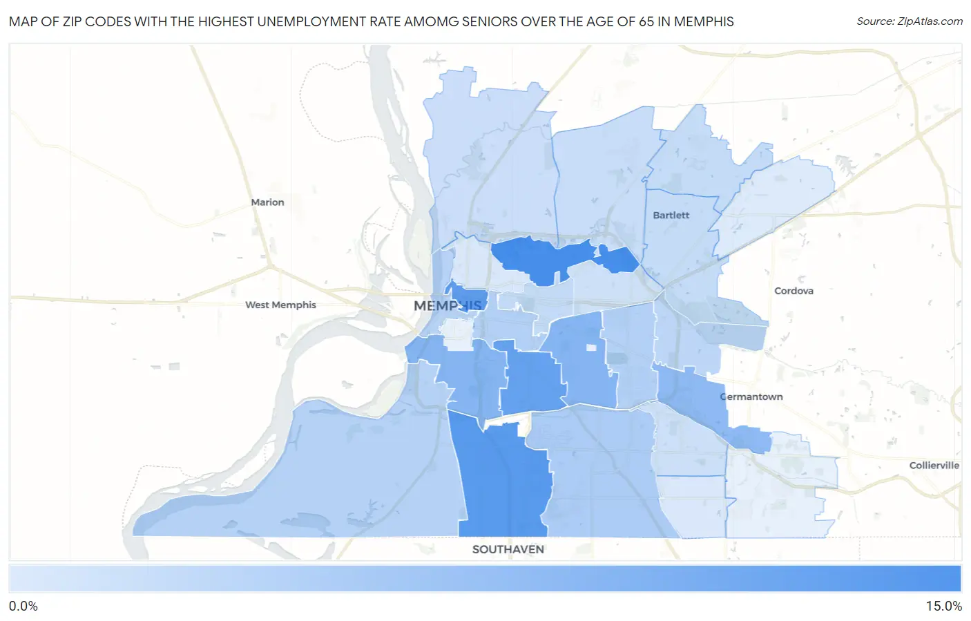 Zip Codes with the Highest Unemployment Rate Amomg Seniors Over the Age of 65 in Memphis Map