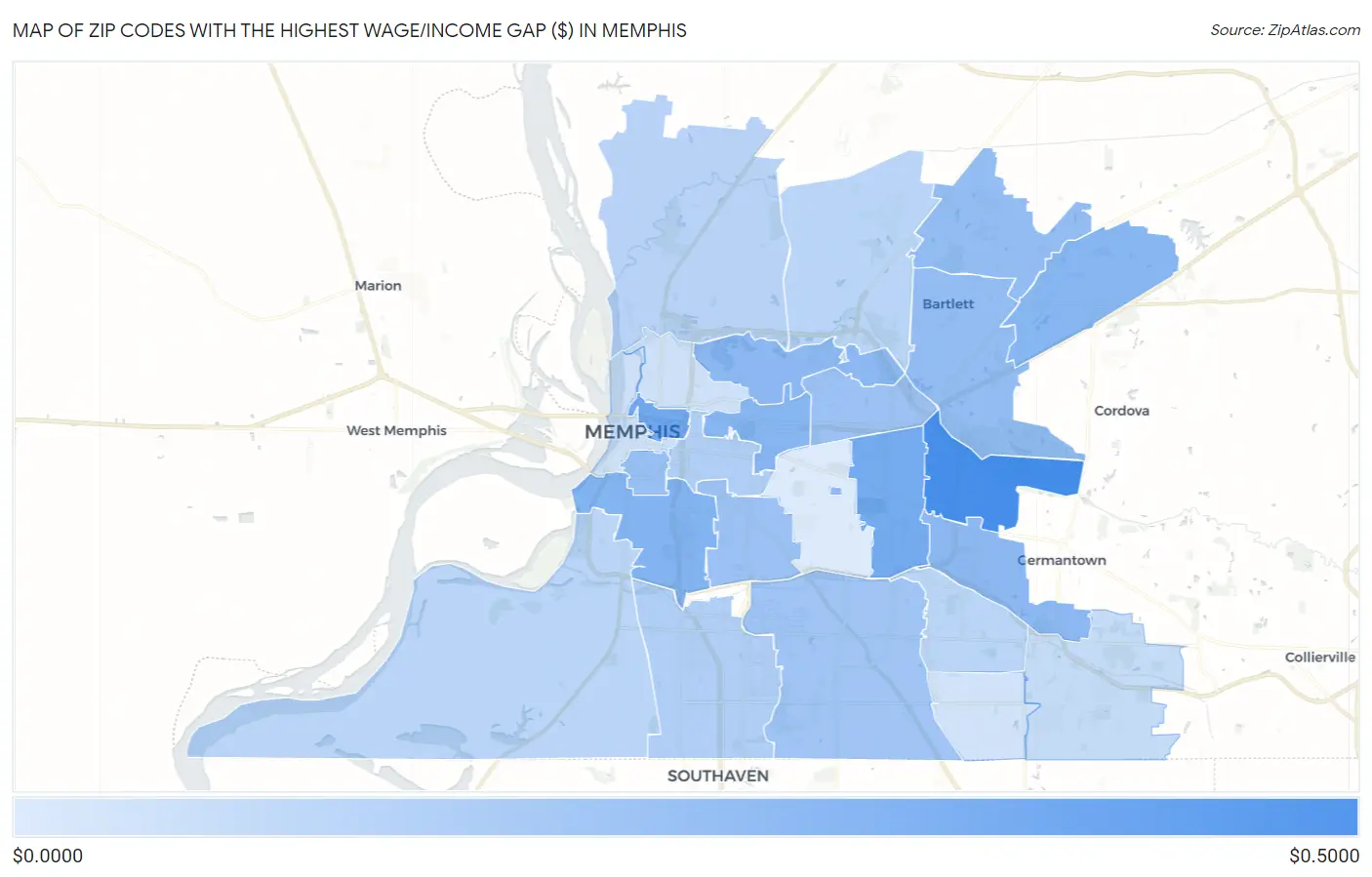 Zip Codes with the Highest Wage/Income Gap ($) in Memphis Map