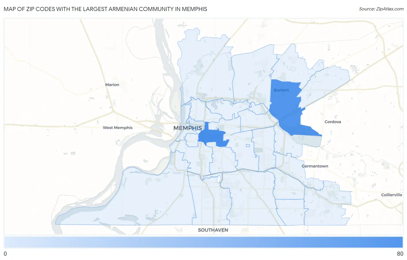 Zip Codes with the Largest Armenian Community in Memphis Map