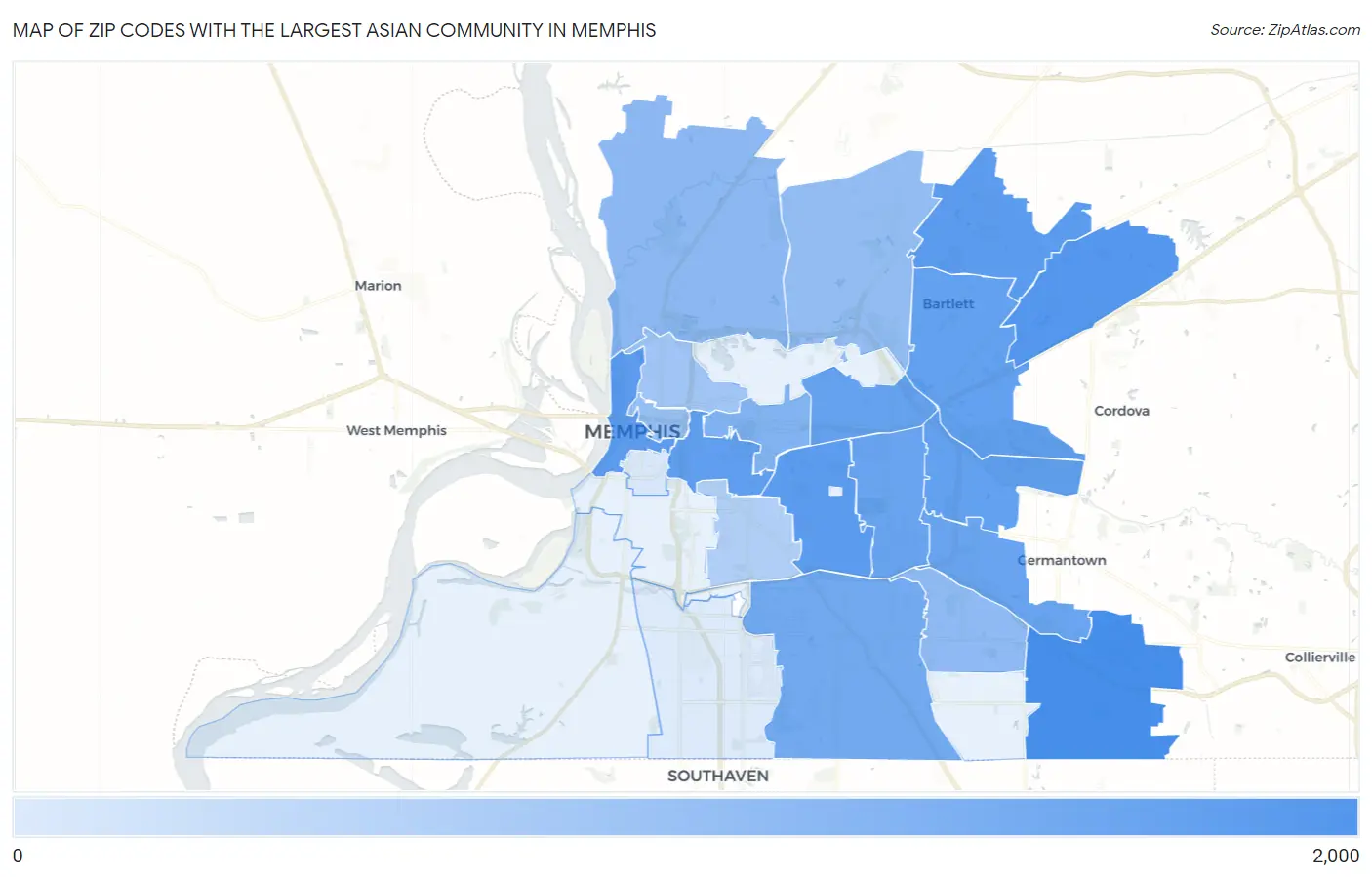 Zip Codes with the Largest Asian Community in Memphis Map