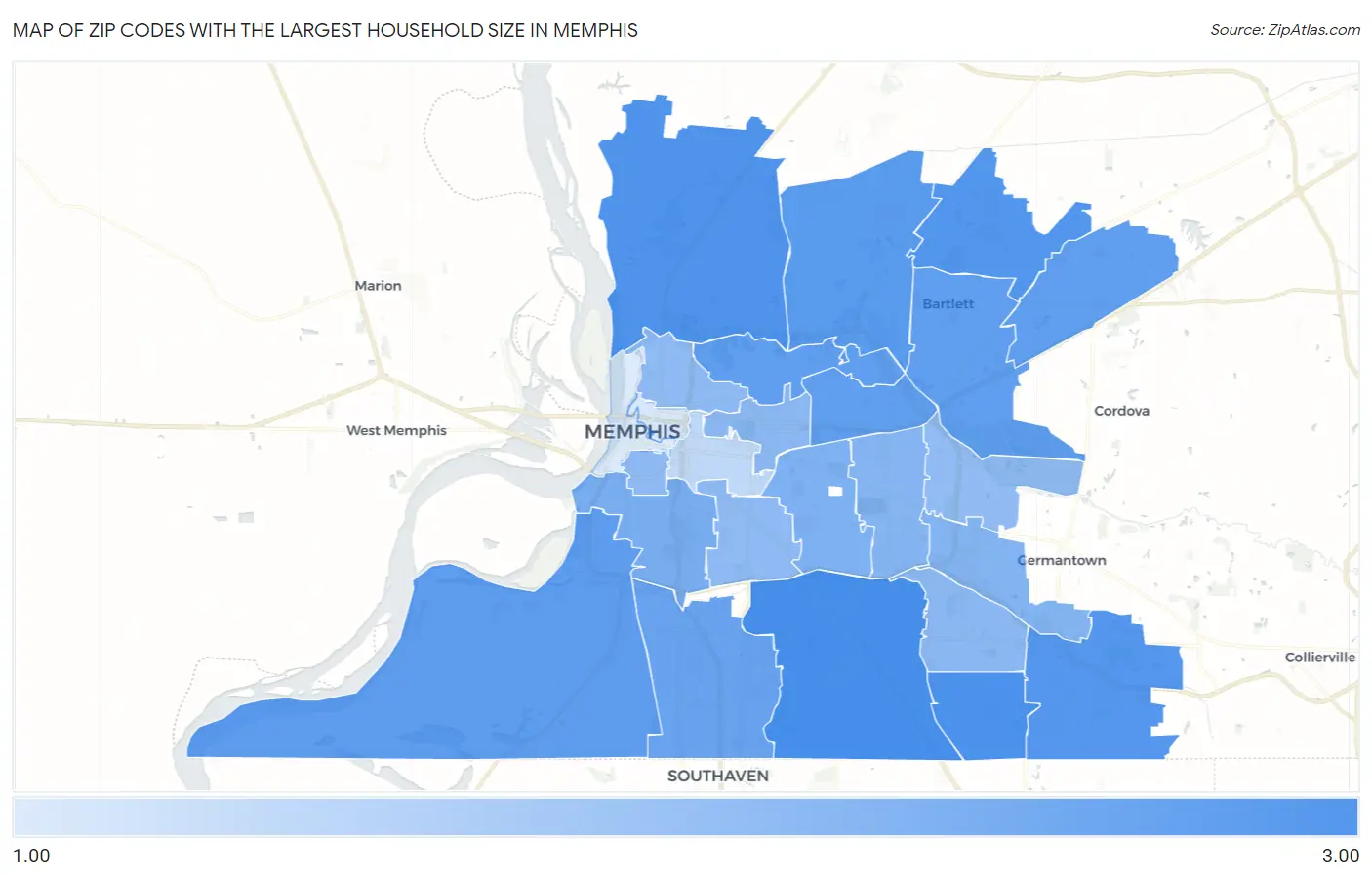 Zip Codes with the Largest Household Size in Memphis Map