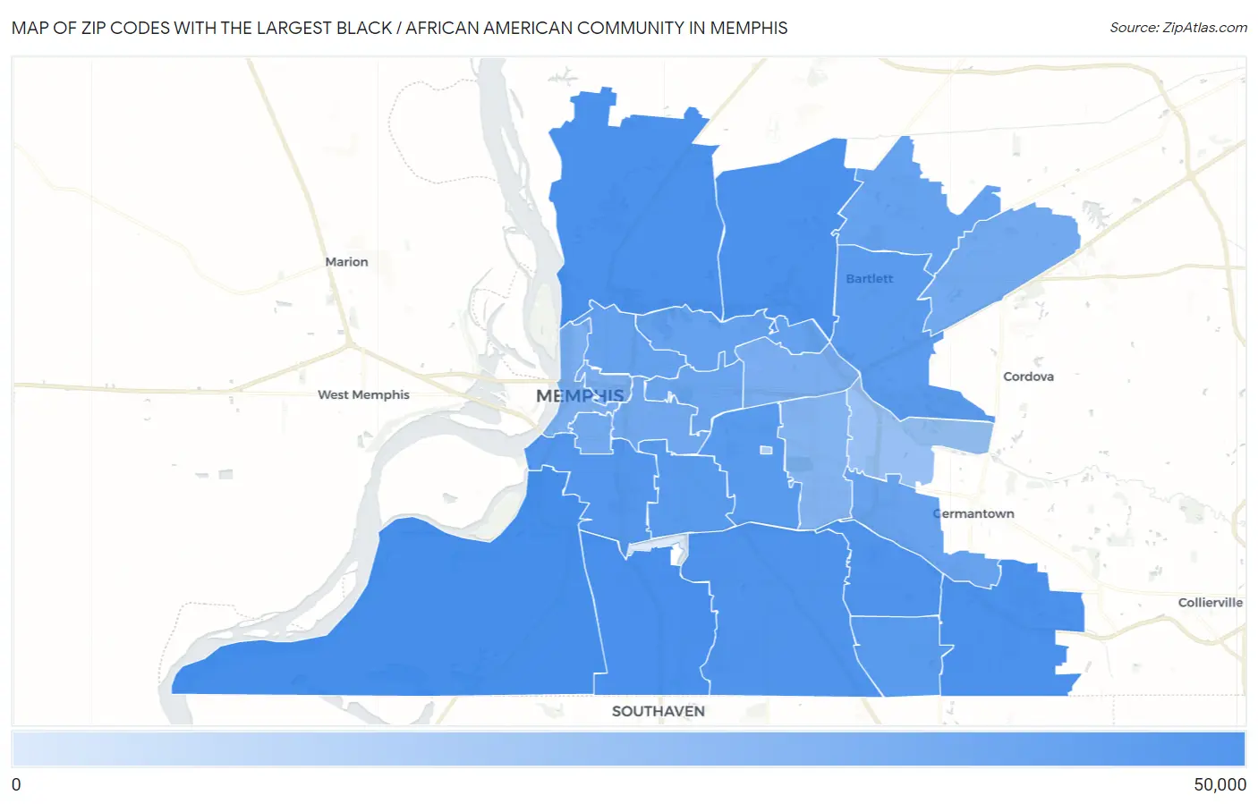 Zip Codes with the Largest Black / African American Community in Memphis Map