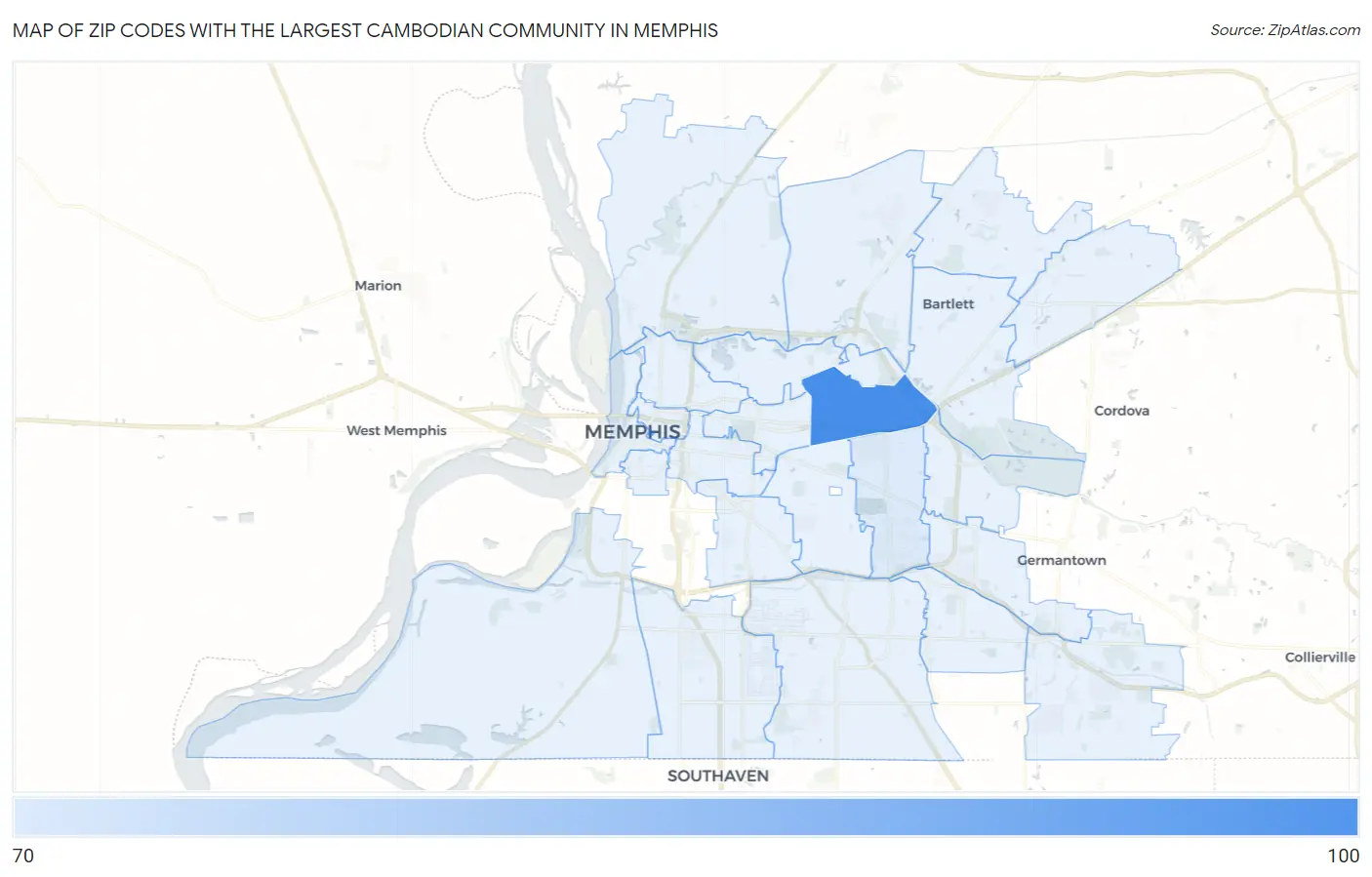 Zip Codes with the Largest Cambodian Community in Memphis Map
