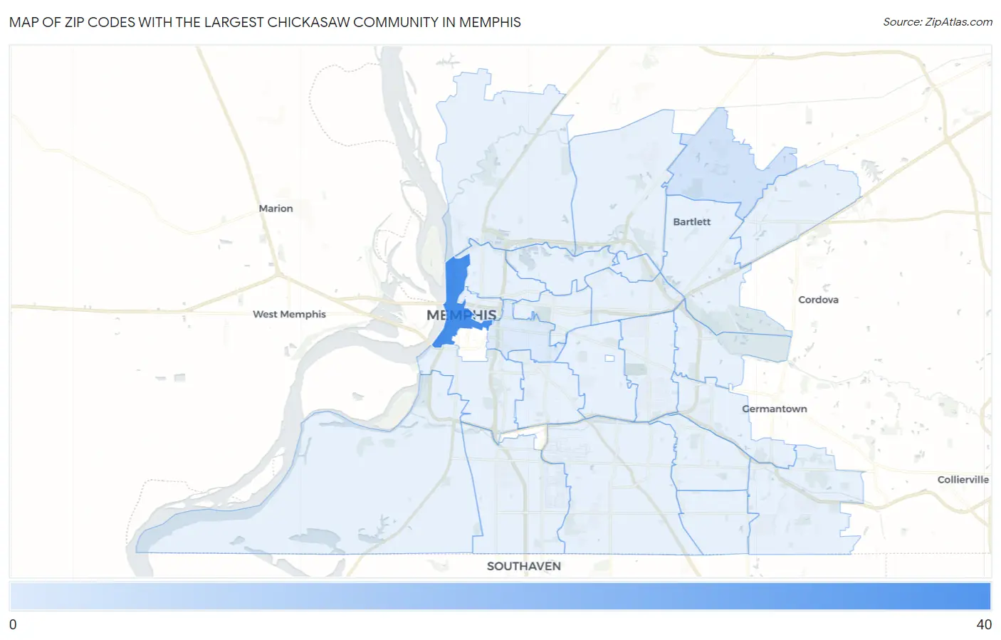 Zip Codes with the Largest Chickasaw Community in Memphis Map