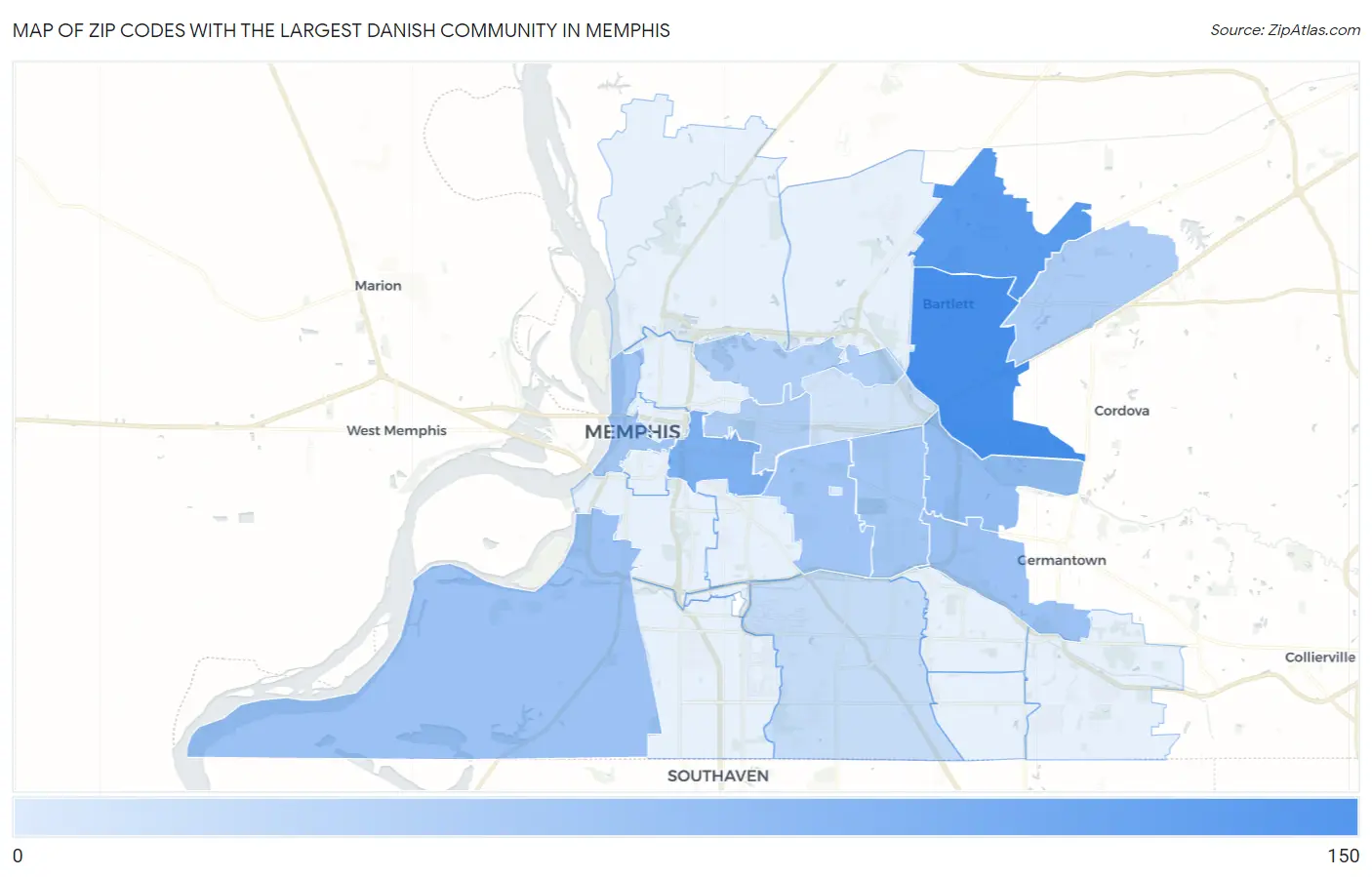 Zip Codes with the Largest Danish Community in Memphis Map