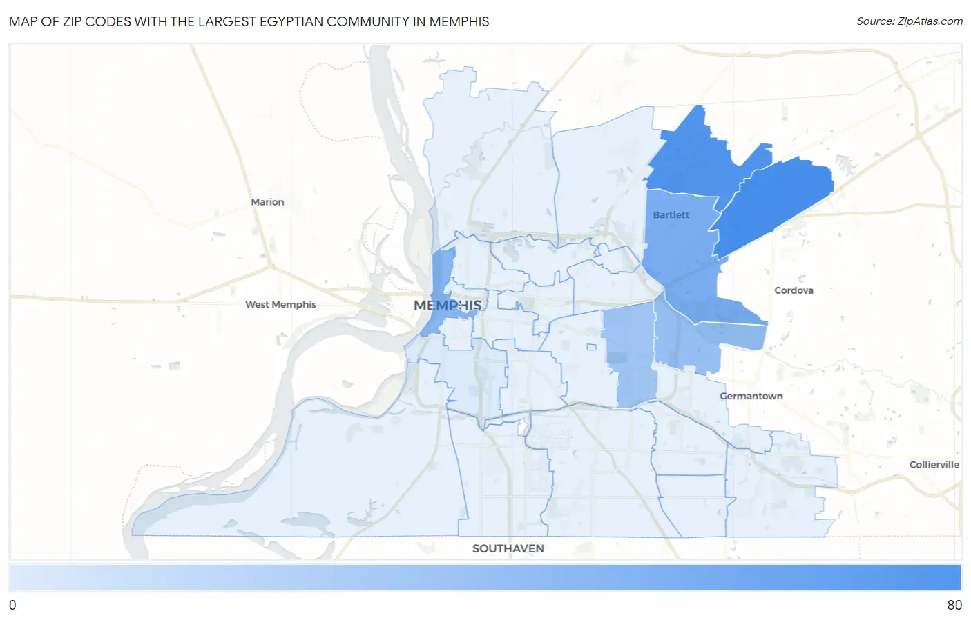 Zip Codes with the Largest Egyptian Community in Memphis Map
